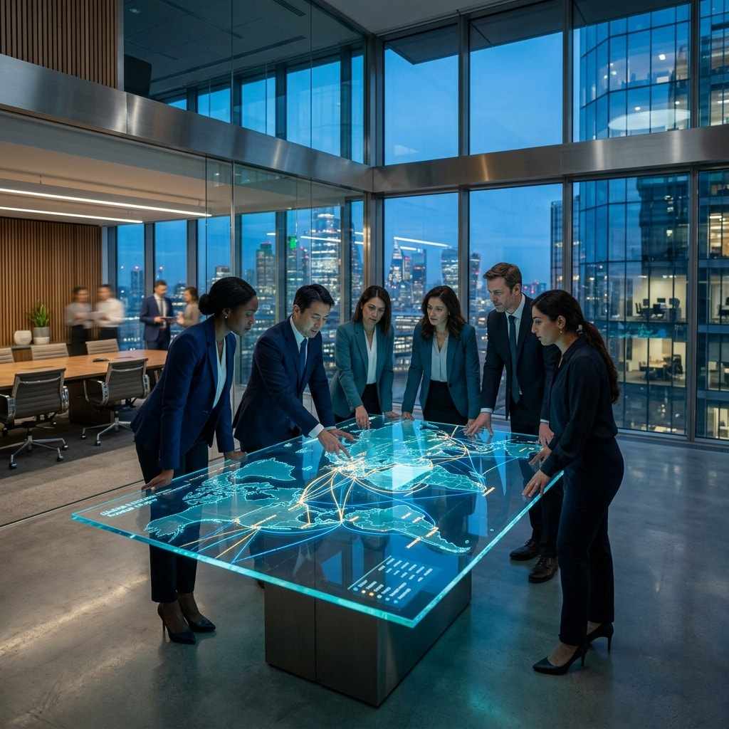 Blue Beacon team around an interactive world map