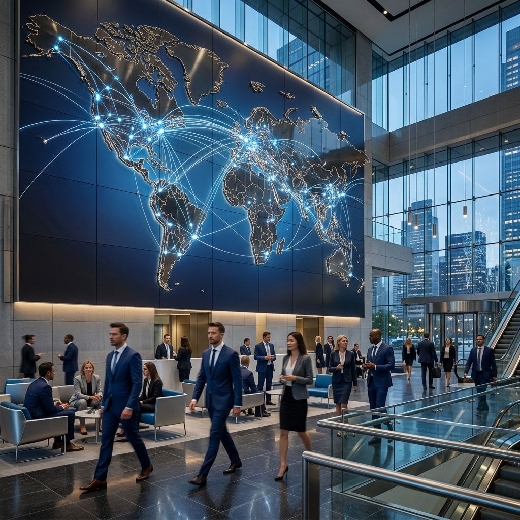 Business professionals in front of a global network map